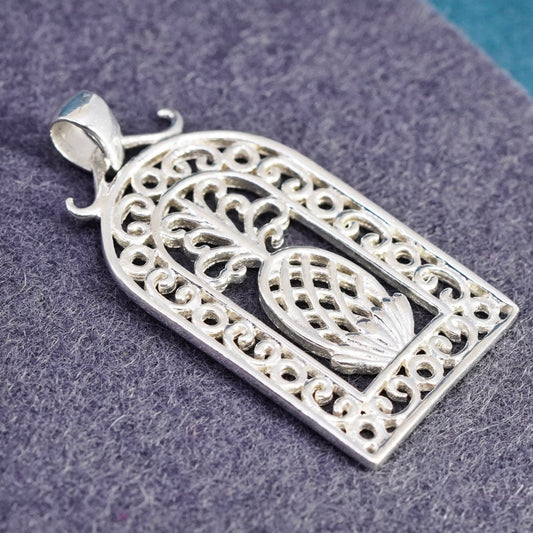 Vintage sterling 925 silver handmade pendant, filigree pine apple charm