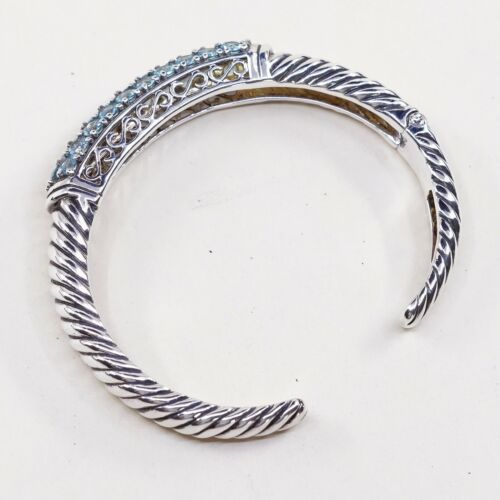 6.25”, Vintage Sterling Silver cuff, 925 Cable Bracelet W/ Blue Cz, stamped 925