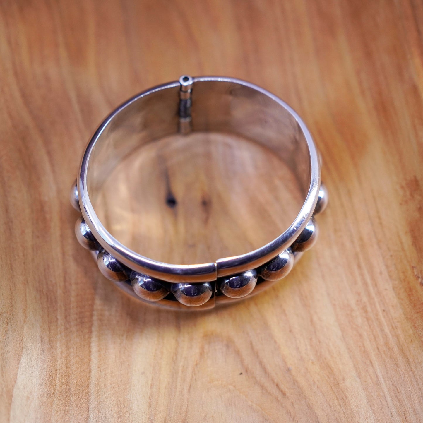 7”, antique sterling silver handmade bracelet, wide 925 hinged bangle w/ beads