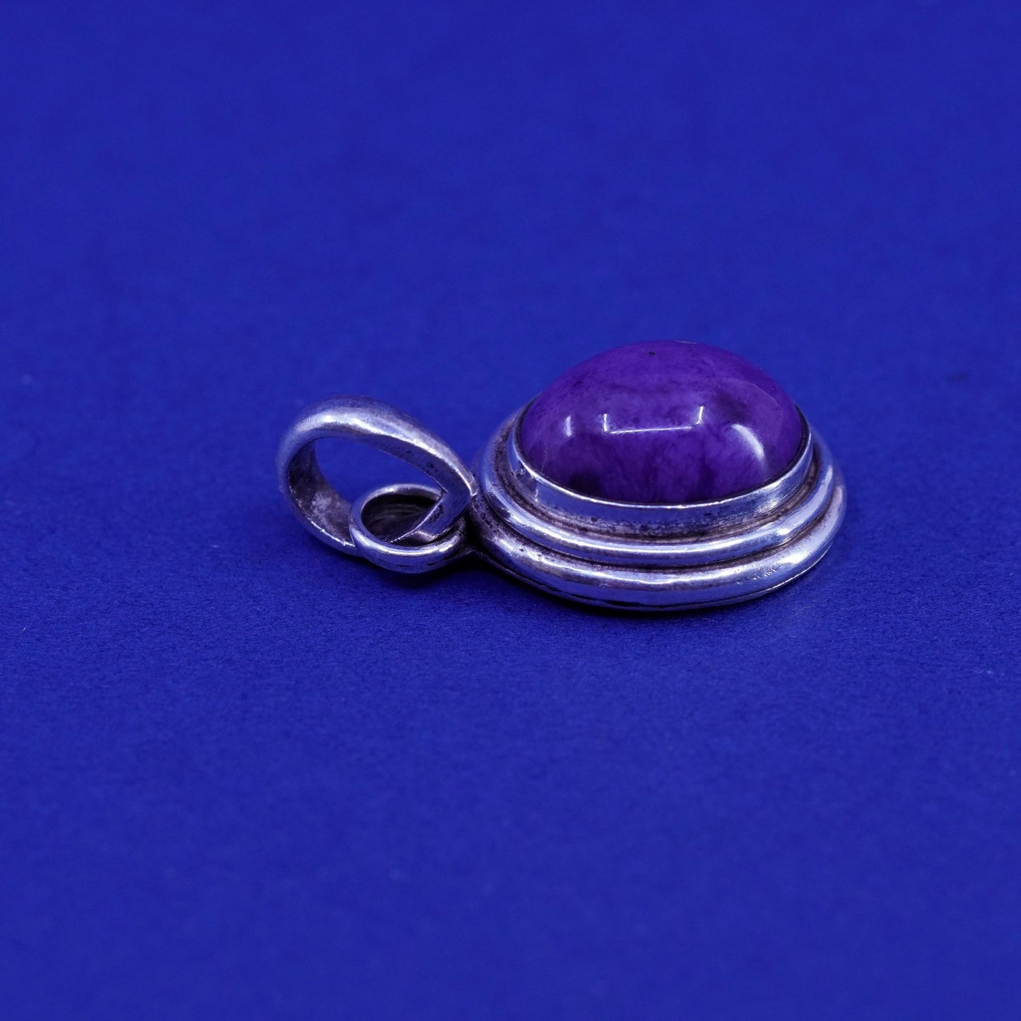 Vintage Mexico sterling silver handmade oval pendant with purple jasper