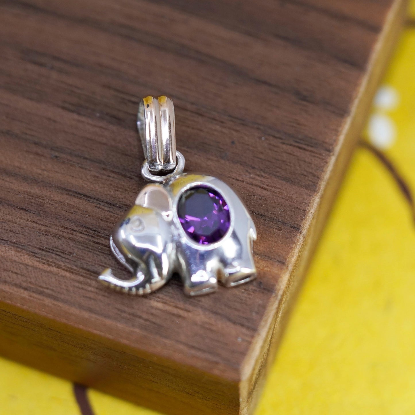 Vintage Sterling 925 silver elephant pendant with amethyst, 12K rose gold ear