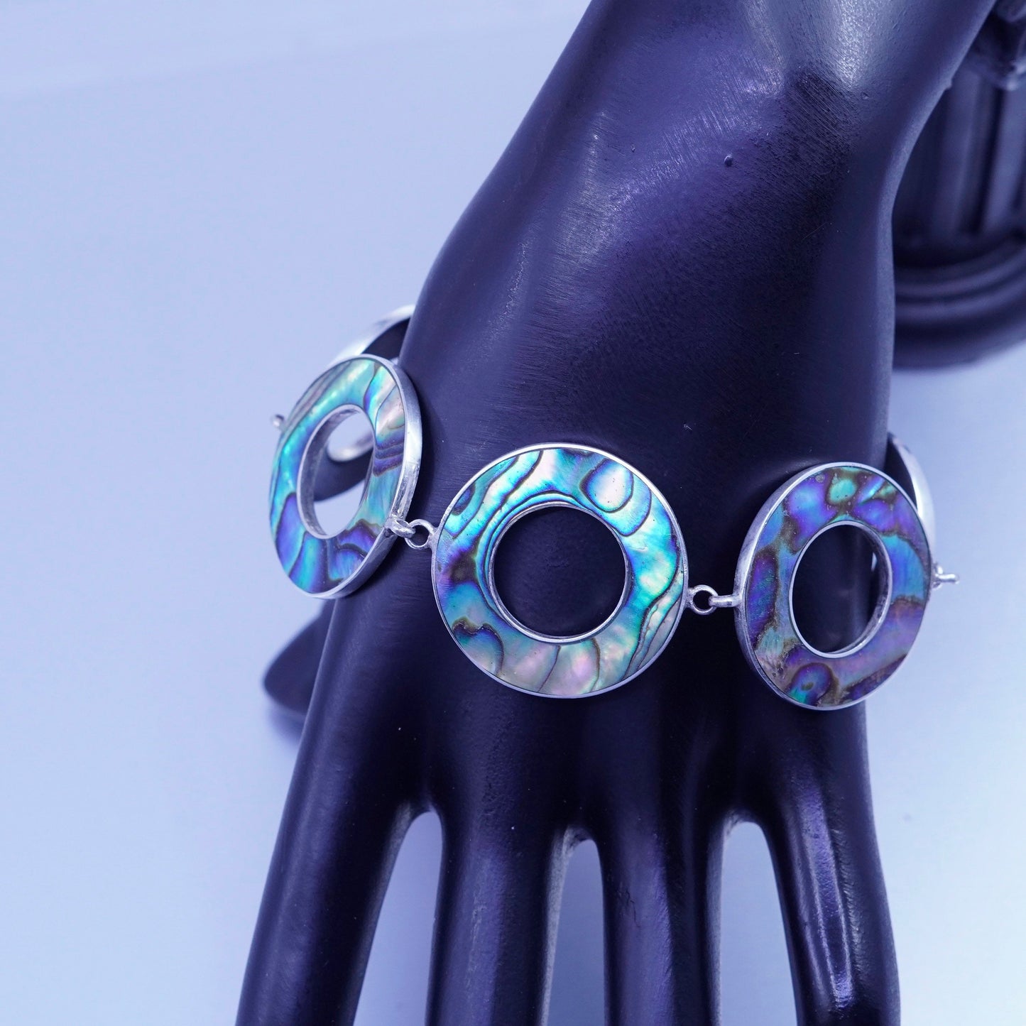 7.5”, Italy Sterling 925 silver handmade bracelet, modern abalone circle chain