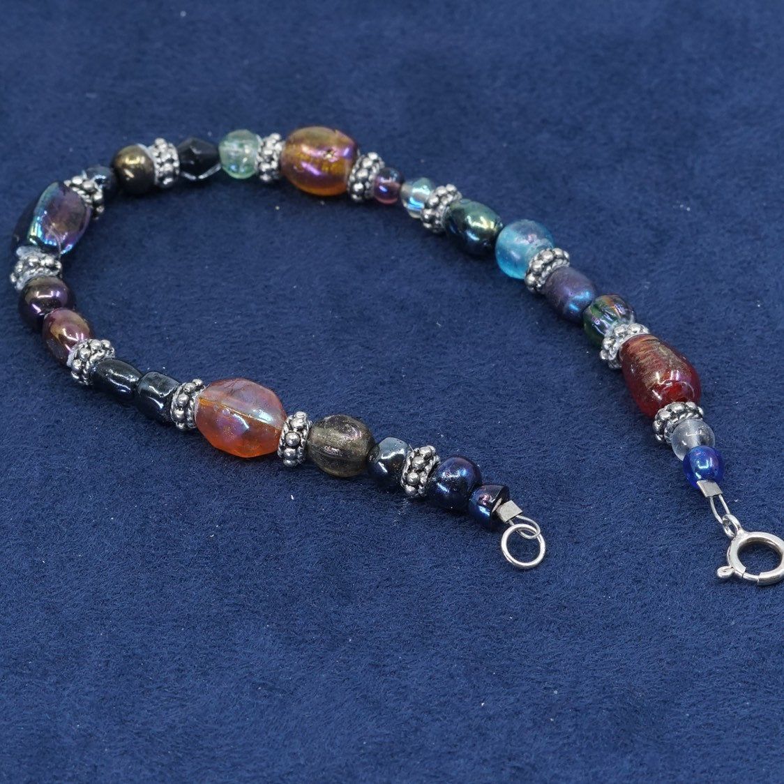 7.5", vtg handmade sterling silver bracelet, colorful glass beads, stamped 925