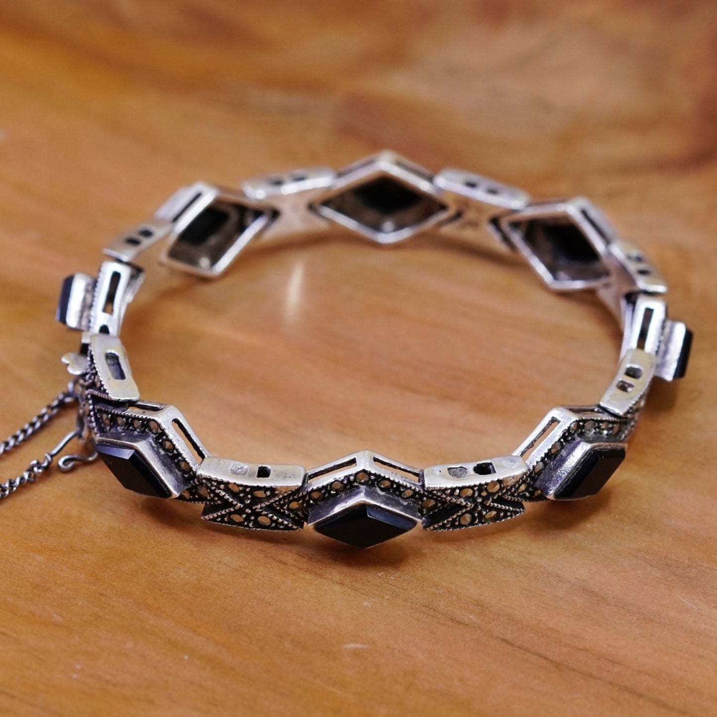 6.75”, Sterling silver handmade bracelet 925 tennis bracelet marcasite obsidian