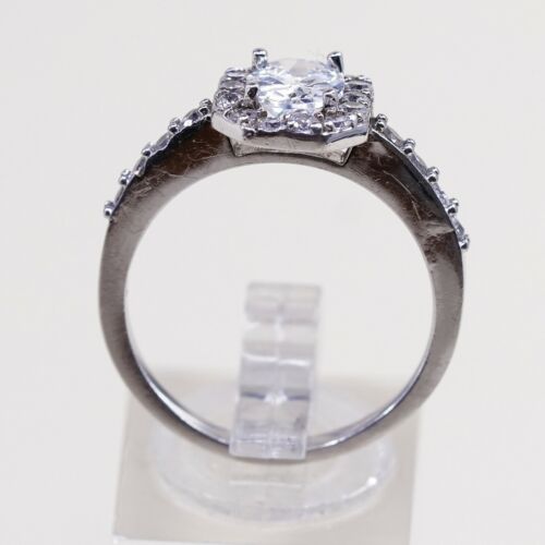 Sz 9, Vtg Sterling Silver Fashion Ring, 925 Silver Engagement Ring W/ Cz