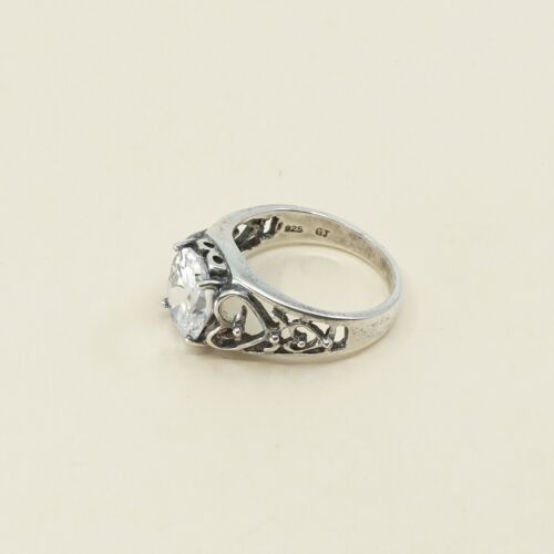 Sz 6.5, Vtg Sterling Silver Handmade Ring, 925 Silver Ring W/ CZ N Heart Detayks