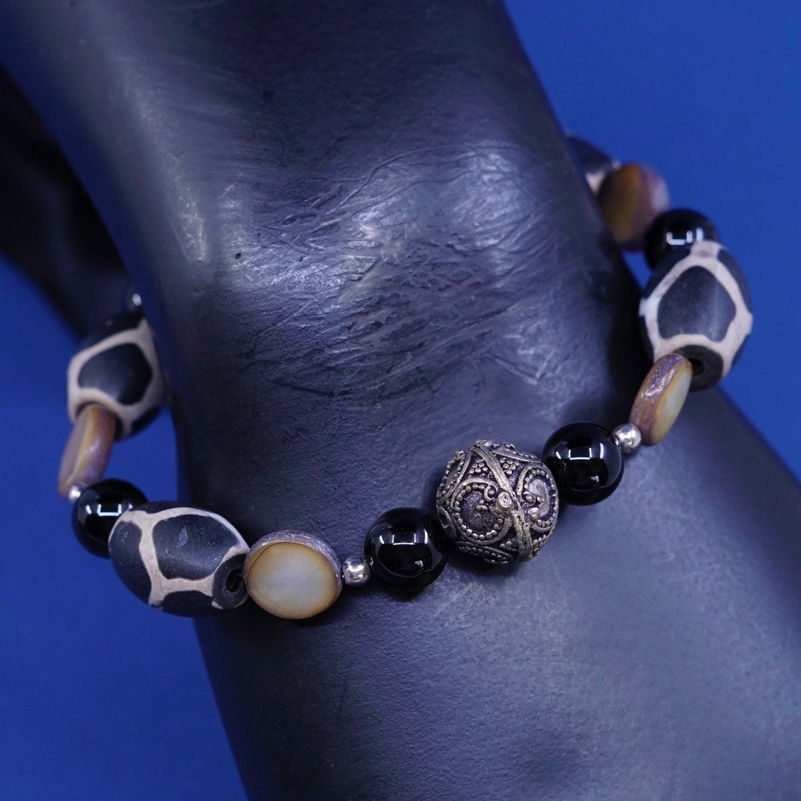 7.75", handmade sterling silver bracelet, 925 toggle w/ nut N obsidian beads