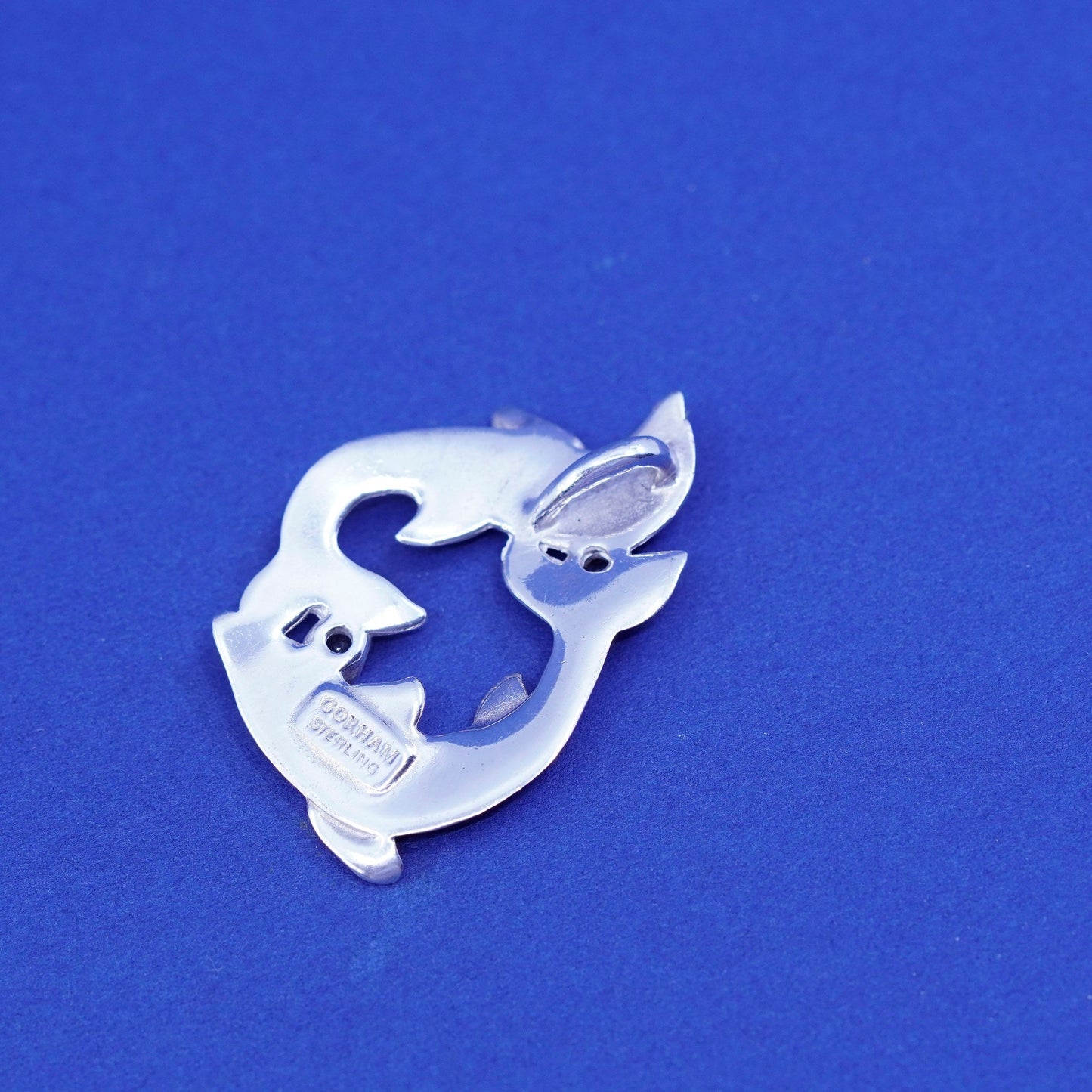 Vintage 1985 Gorham Herald handmade sterling 925 silver dolphins with sapphire