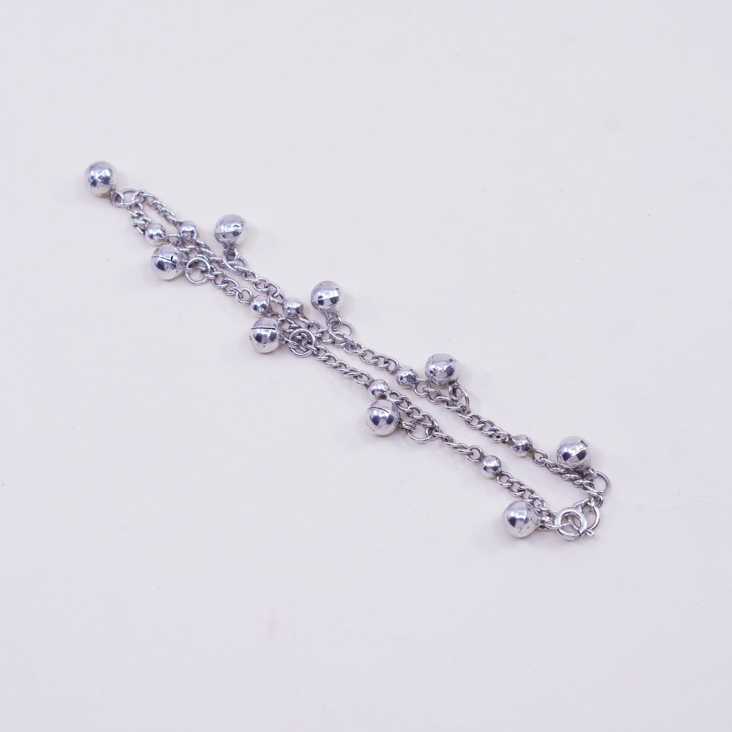 9”, Sterling Silver Bracelet, 925 belly dancer chain anklet chime bell charms