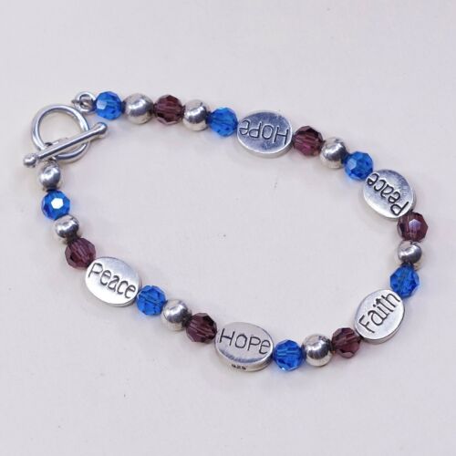 7.25” Vtg Sterling Silver Handmade Bracelet, 925 Peace Hope Faith W/ Blue Beads