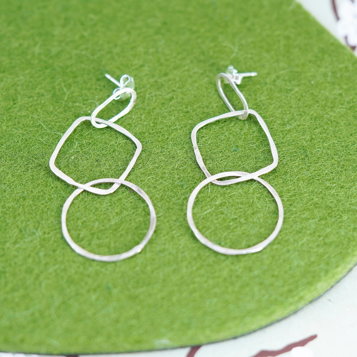 Vintage sterling silver handmade earrings, 925 circles square dangle