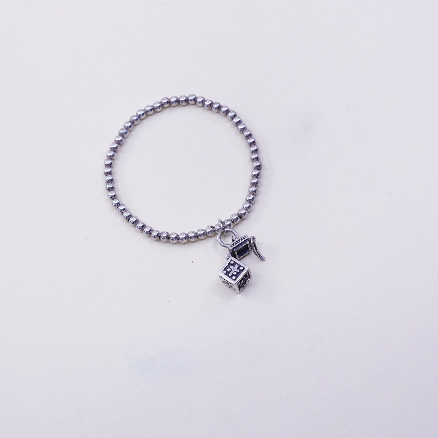 5.25”, sterling silver elastic bracelet, 925 beads and prayer locket charm