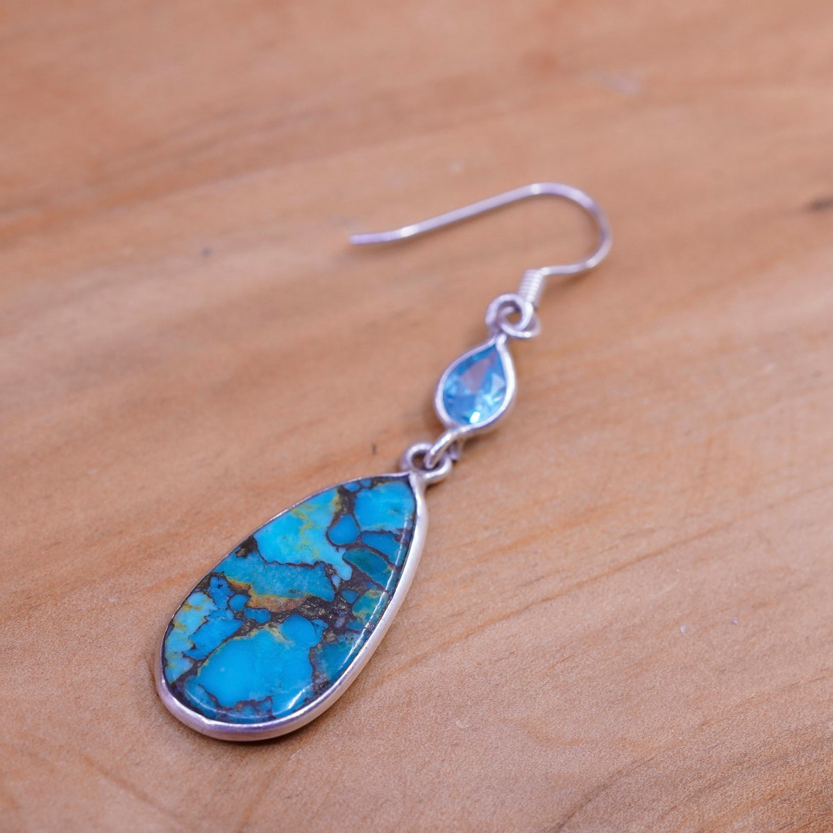 Vintage Sterling 925 silver handmade teardrop earrings with turquoise and topaz