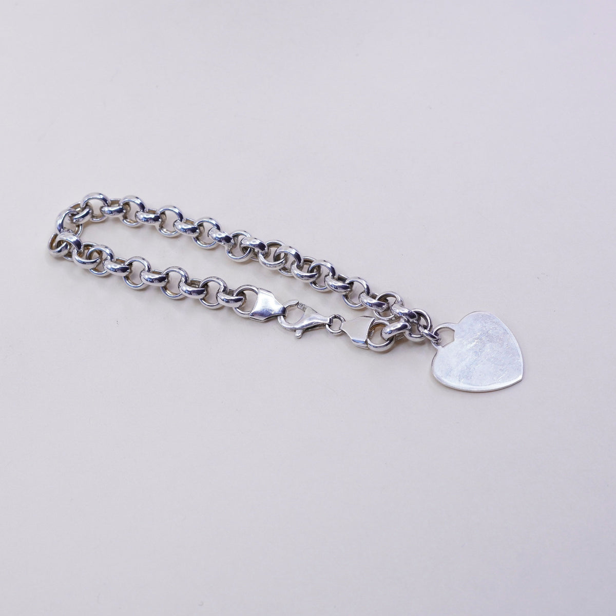 7.25" vtg Italy sterling silver circle bracelet, bold circle chain heart charm