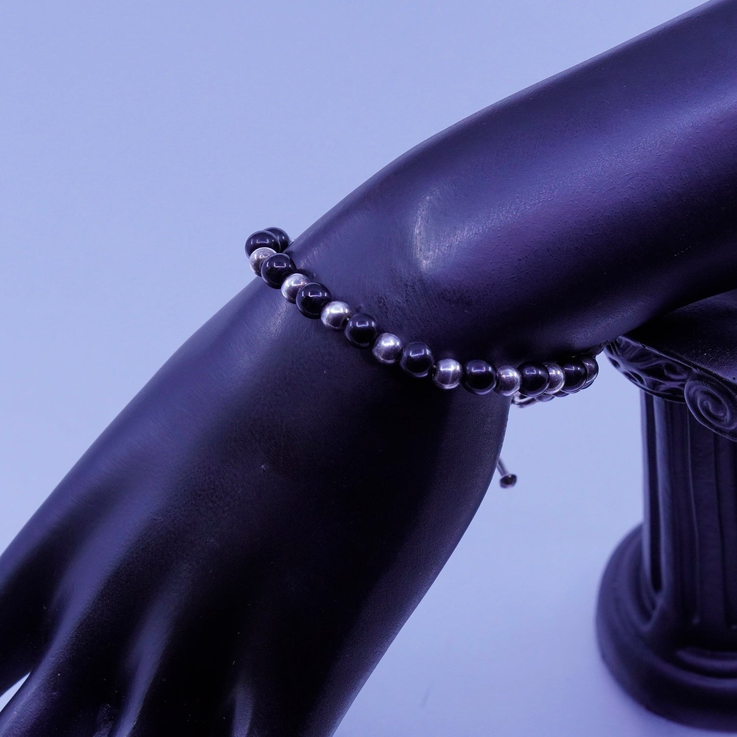 7”, vintage Sterling 925 silver bracelet with obsidian beads