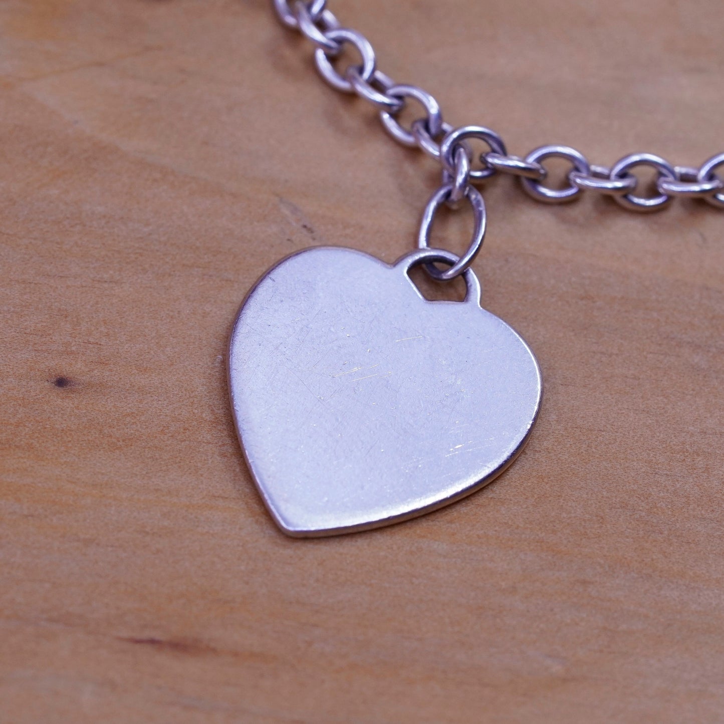 7.25”, vtg Sterling silver handmade bracelet, 925 circle chain heart tag charm