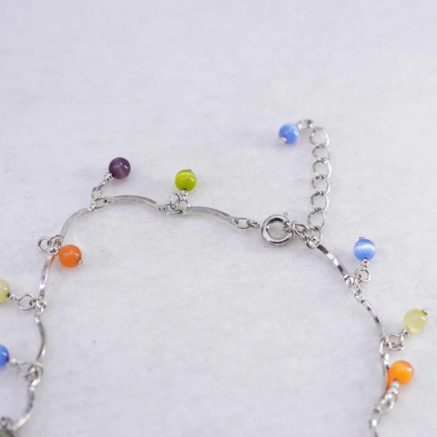 10+1”, Sterling 925 silver bone chain anklet bracelet colorful tiger eye beads