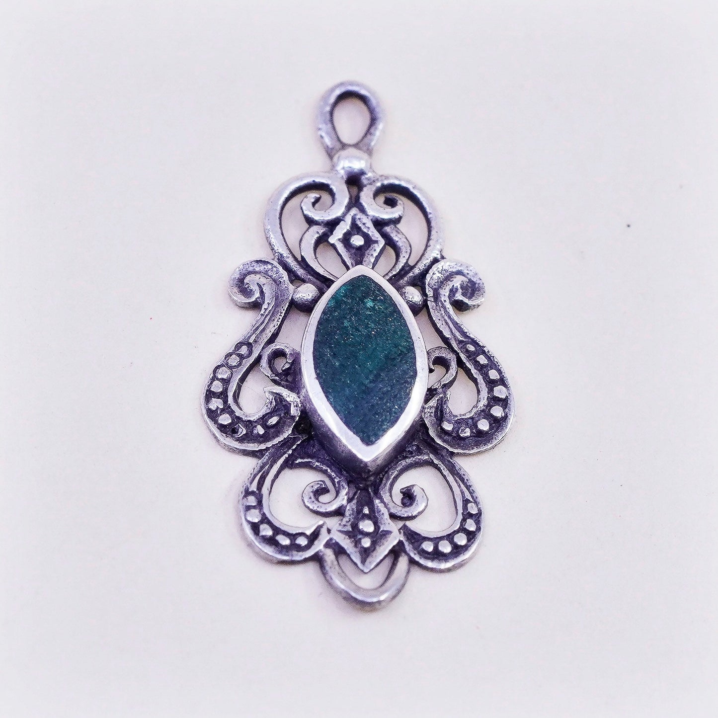 Vintage Sterling silver handmade pendant, 925 filigree malachite charm