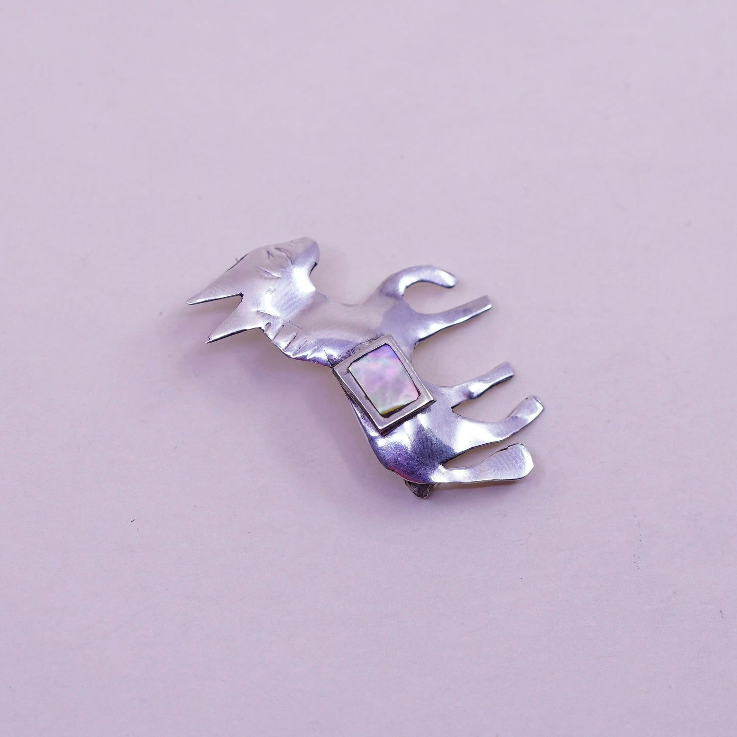 Antique Sterling silver handmade brooch, 925 donkey brooch with abalone