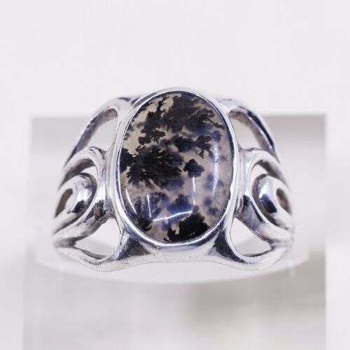 Sz 10, Vtg 925 sterling silver handmade ring W/ Dendritic agate, Silver Tested