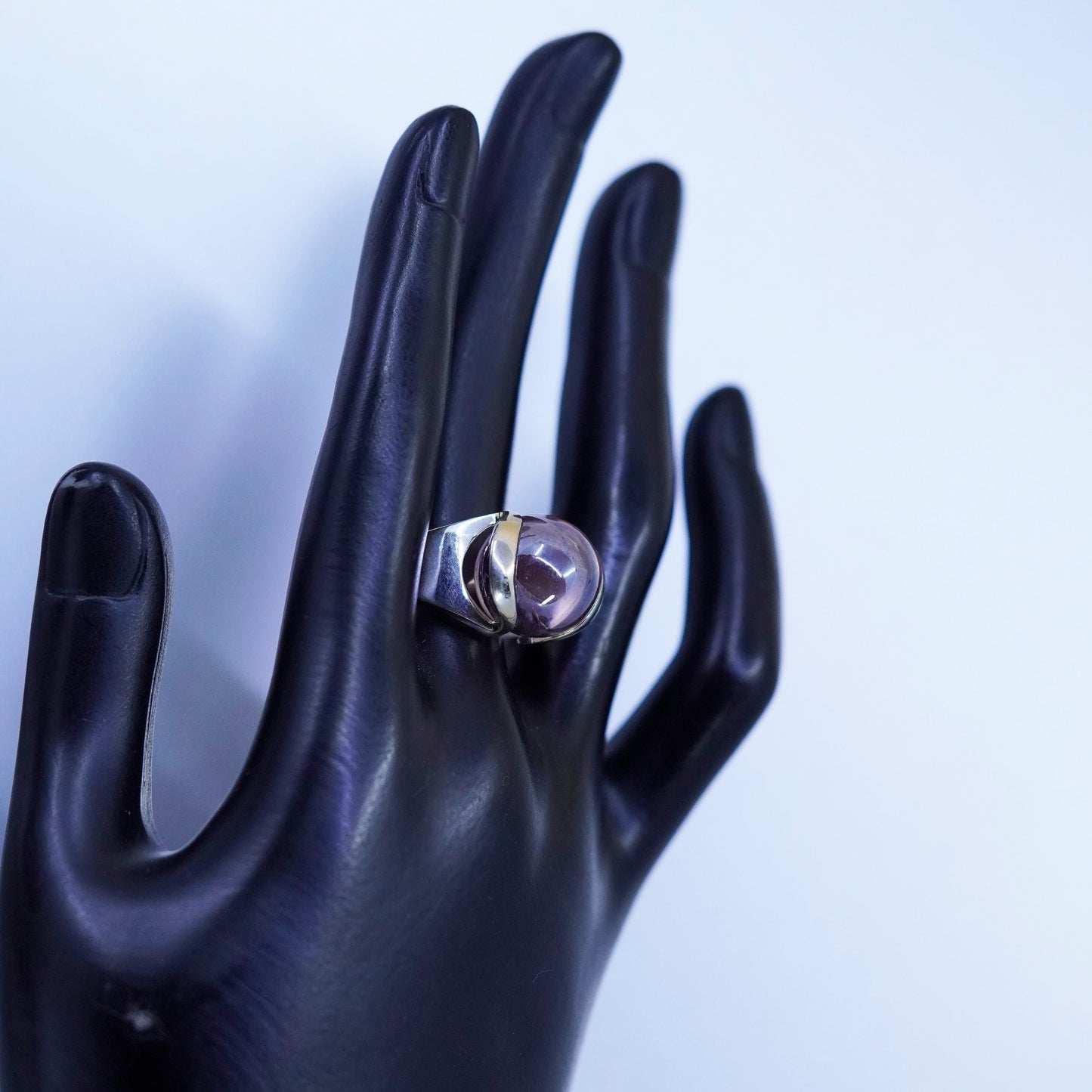 Size 10.5, vintage silver tone handmade interchangeable ring with pink glass