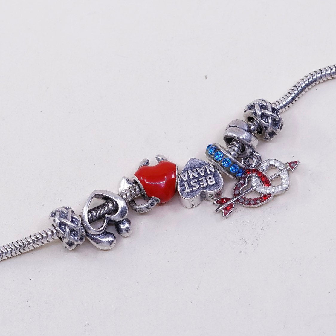 6.75" 3mm, VTG Sterling silver bracelet, 925 bold snake chain, w/ 7 charms