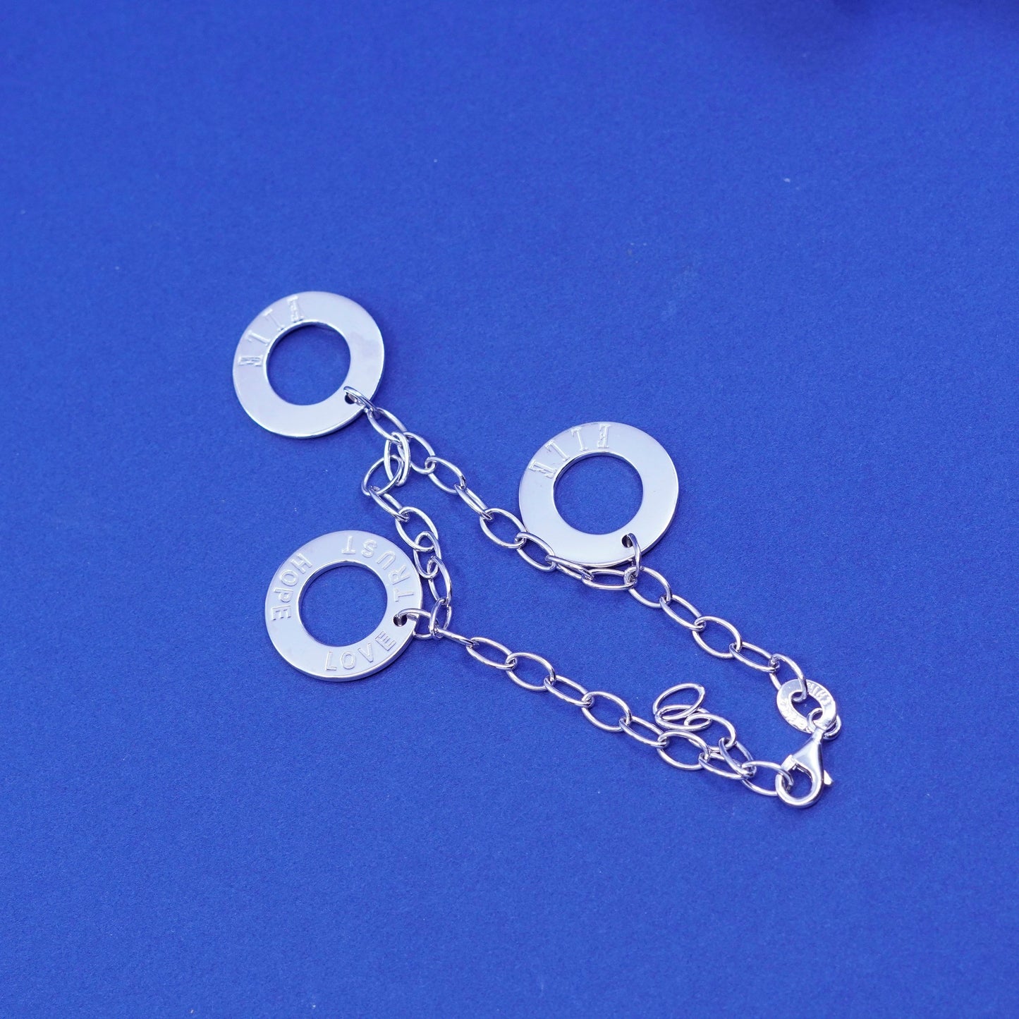 6.5”, Elle Sterling silver handmade bracelet, 925 chain circle tag charms ruby