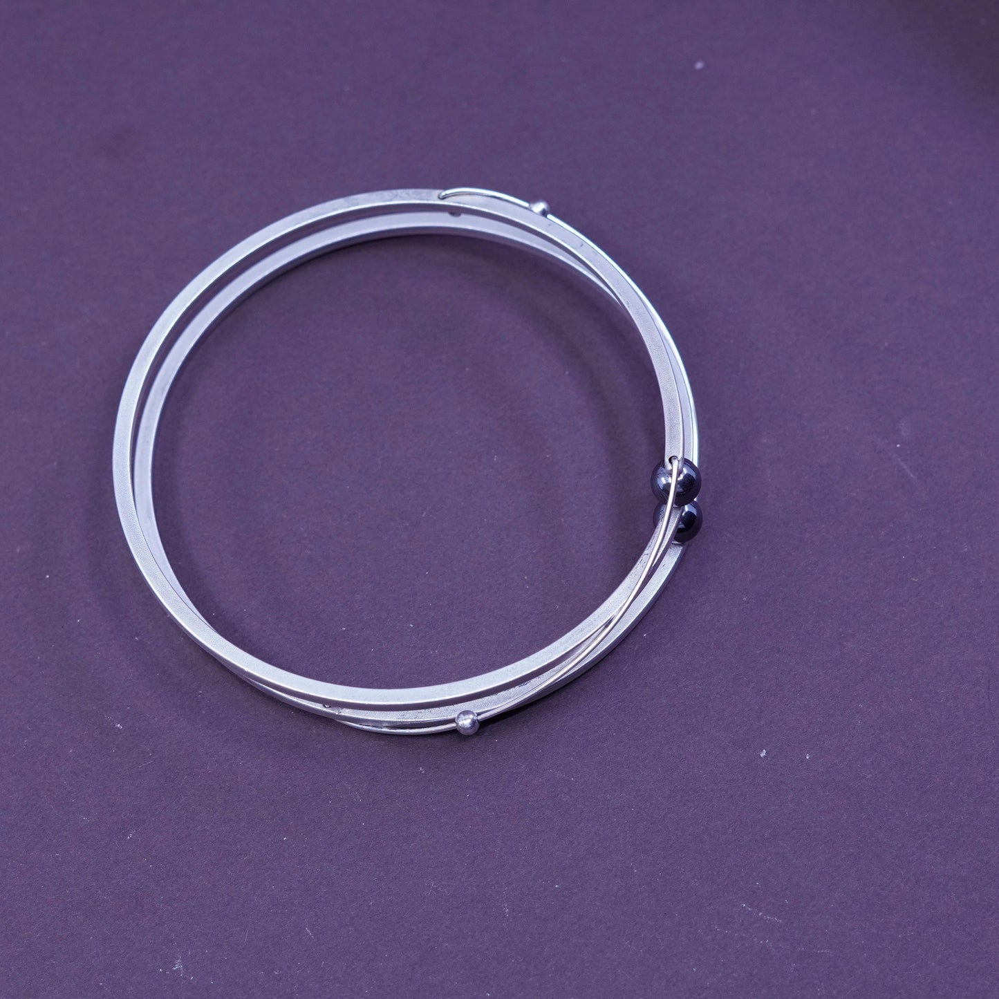 8.25”, vtg modern Sterling silver handmade bracelet, 925 bangle with hematite
