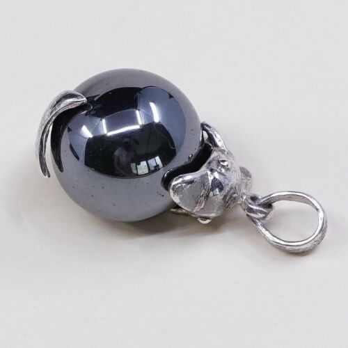 Vtg 925 Sterling Silver Handmade dolphin Pendant W/ Hematite Bead