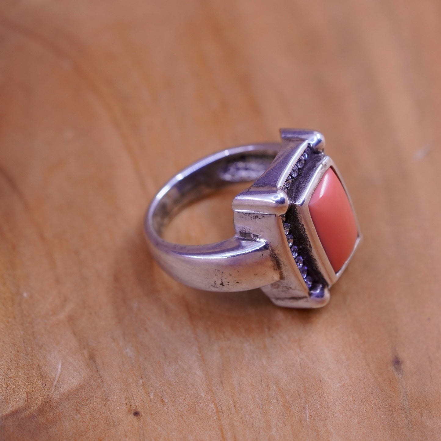 Size 8, antique Sterling silver ring with orange onyx cz, southwestern 925 band