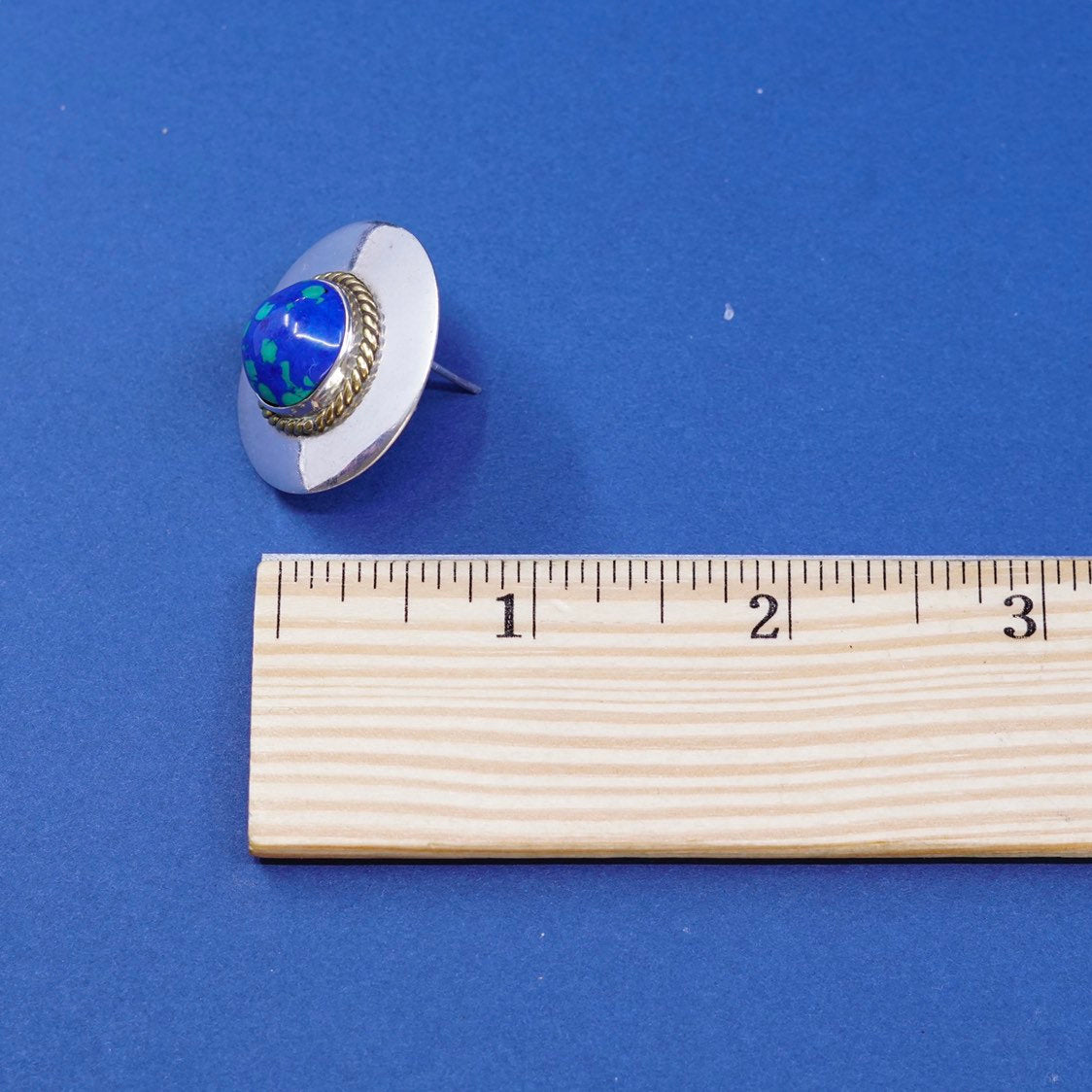 two tone Sterling silver handmade earrings, mexico 925 azurite studs w/ cable
