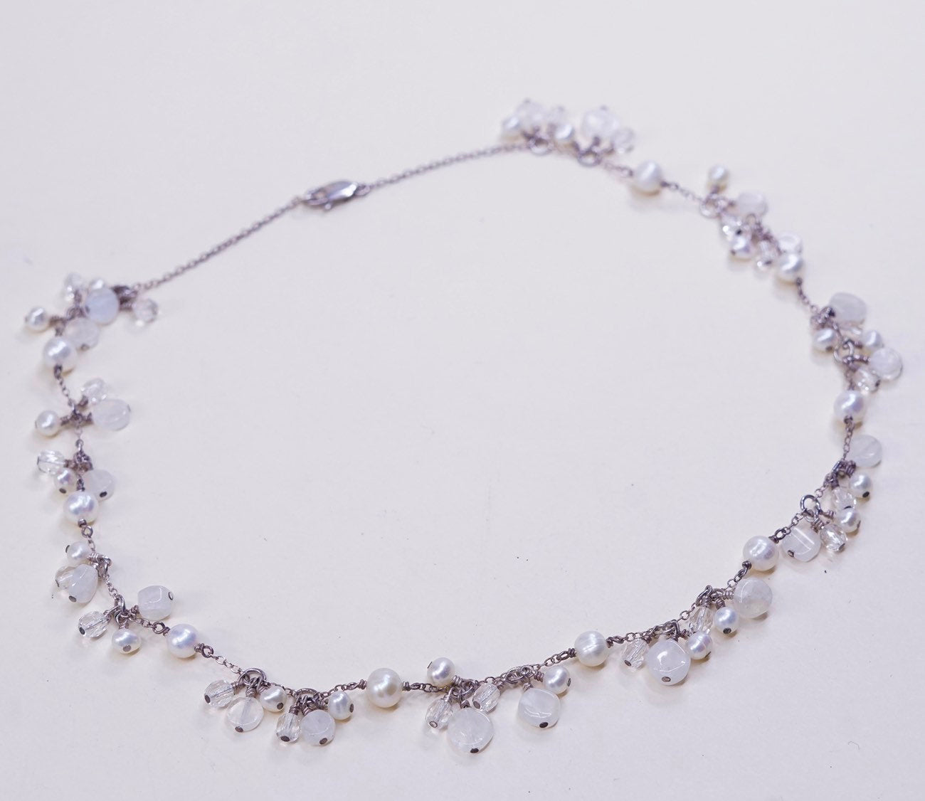 16", vtg handmade Sterling silver Circle necklace w/ pearl moonstone beads
