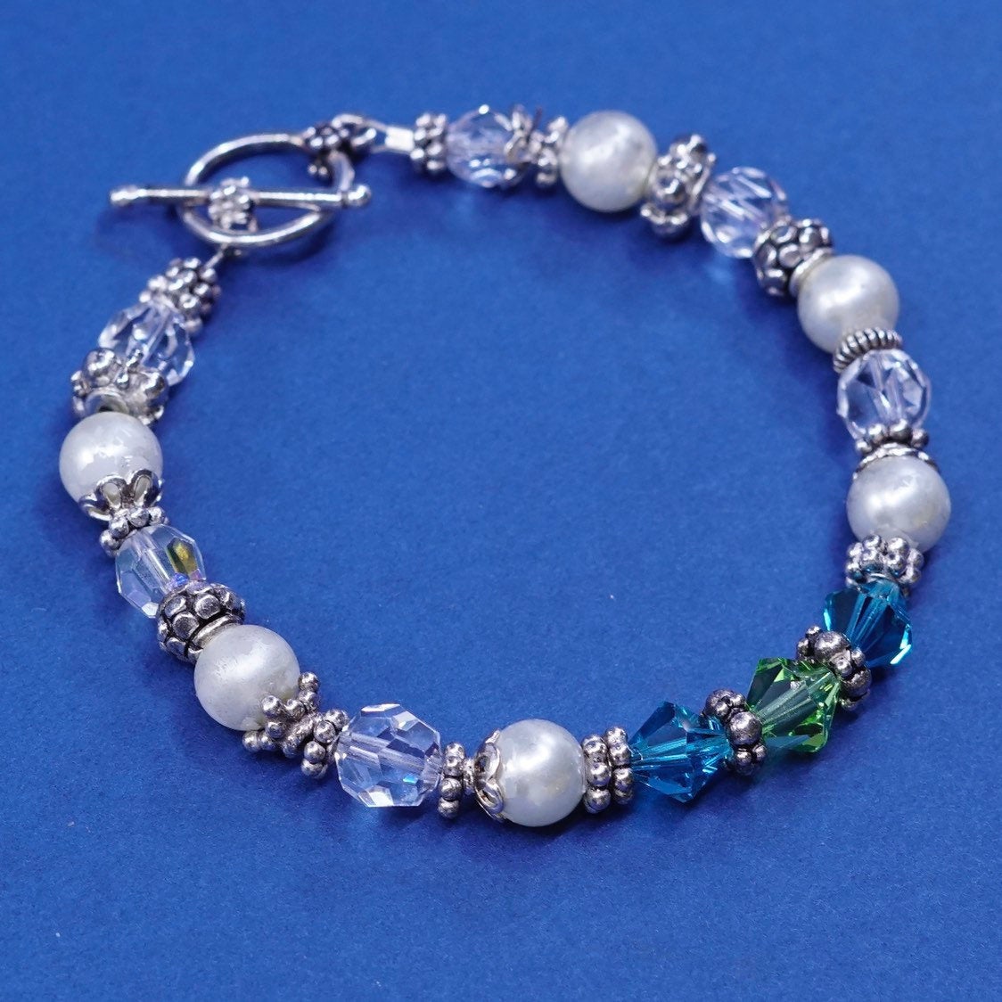 7”, vtg sterling silver handmade bracelet, 925 w/ pearl, green crystal beads