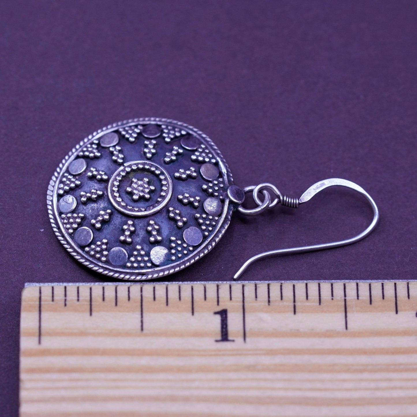 Vintage Sterling silver handmade earrings, 925 beaded disc drops