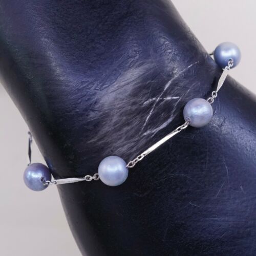 7.5”, Vtg Sterling Silver Handmade bracelet 925 Bar With Blue Pearl Beads
