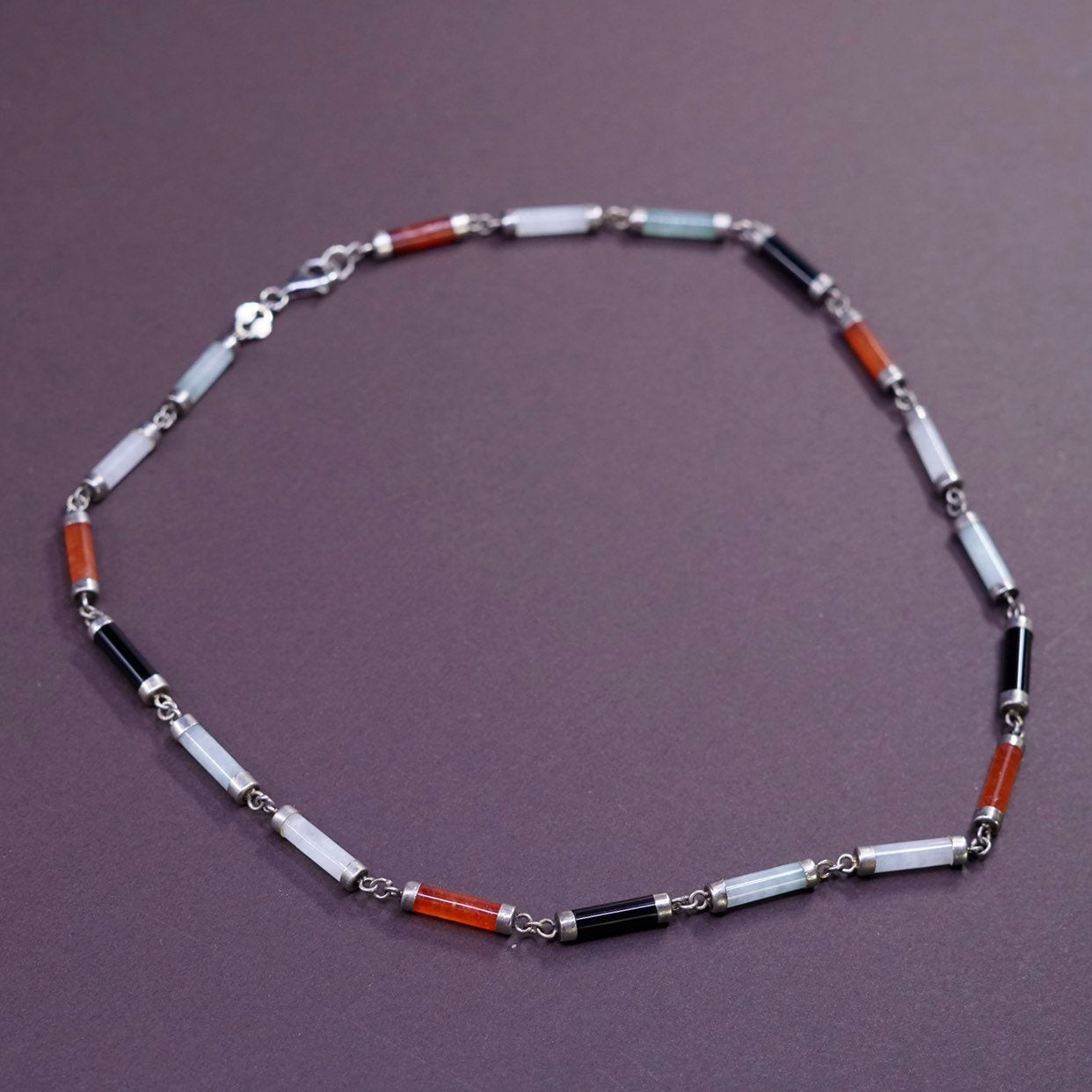 18”, vtg genuine Barrel jadeite jade bar sterling necklace w/ 925 silver