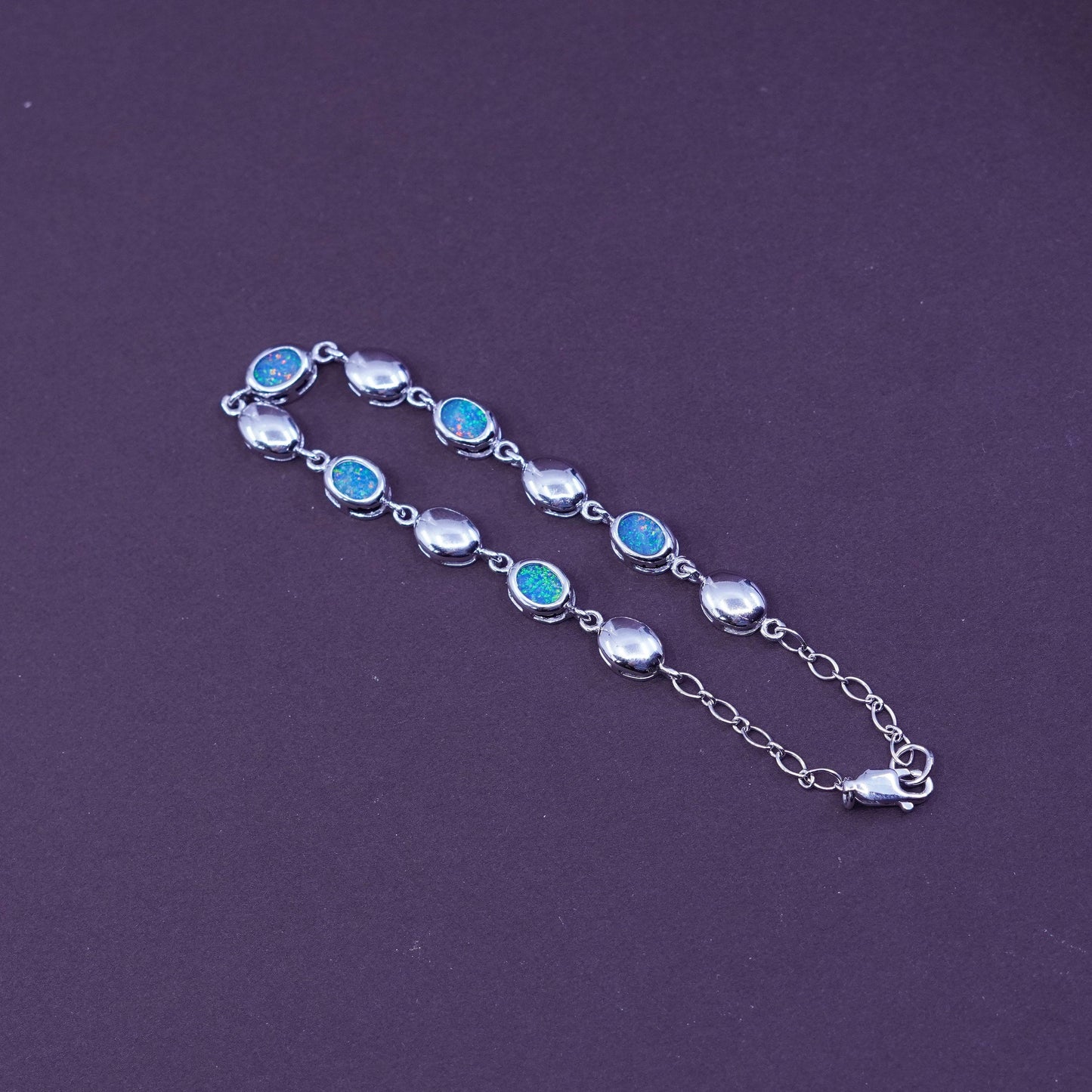 7”, vintage Sterling silver handmade tennis bracelet, 925 chain with opal