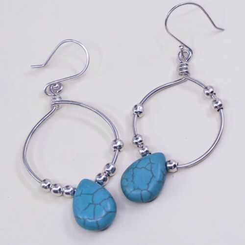 Vtg Hoops handmade Sterling 925 Silver Earrings w/ Teardrop turquoise