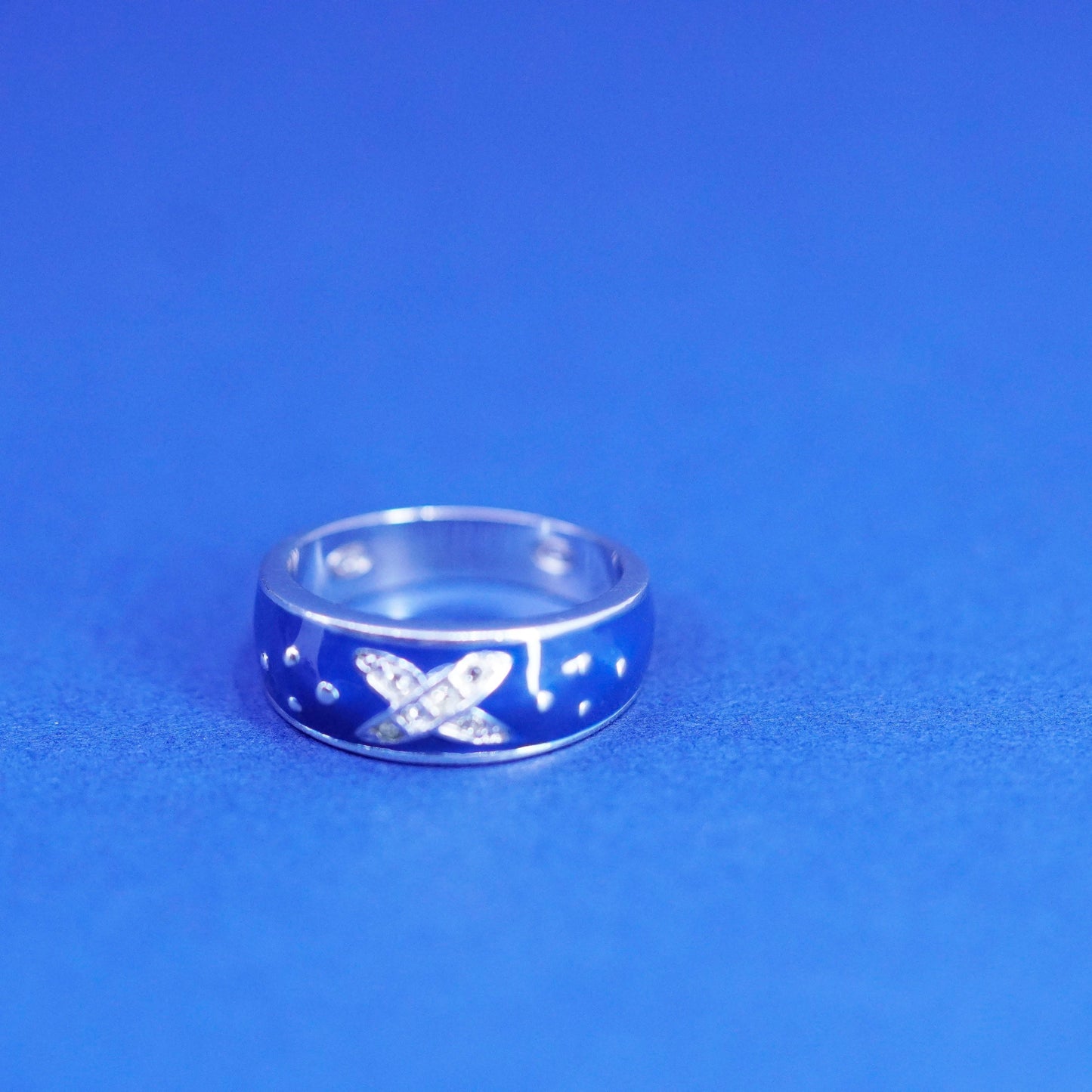 Size 7, vintage Sterling silver handmade ring, 925 blue enamel band W flower Cz