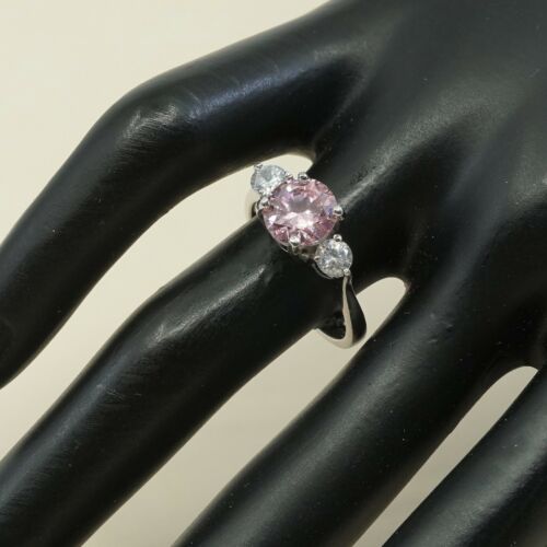 Sz 7.25, Gold Over Sterling Ring, 925 Silver Engagement Ring W/ Pink Crystal