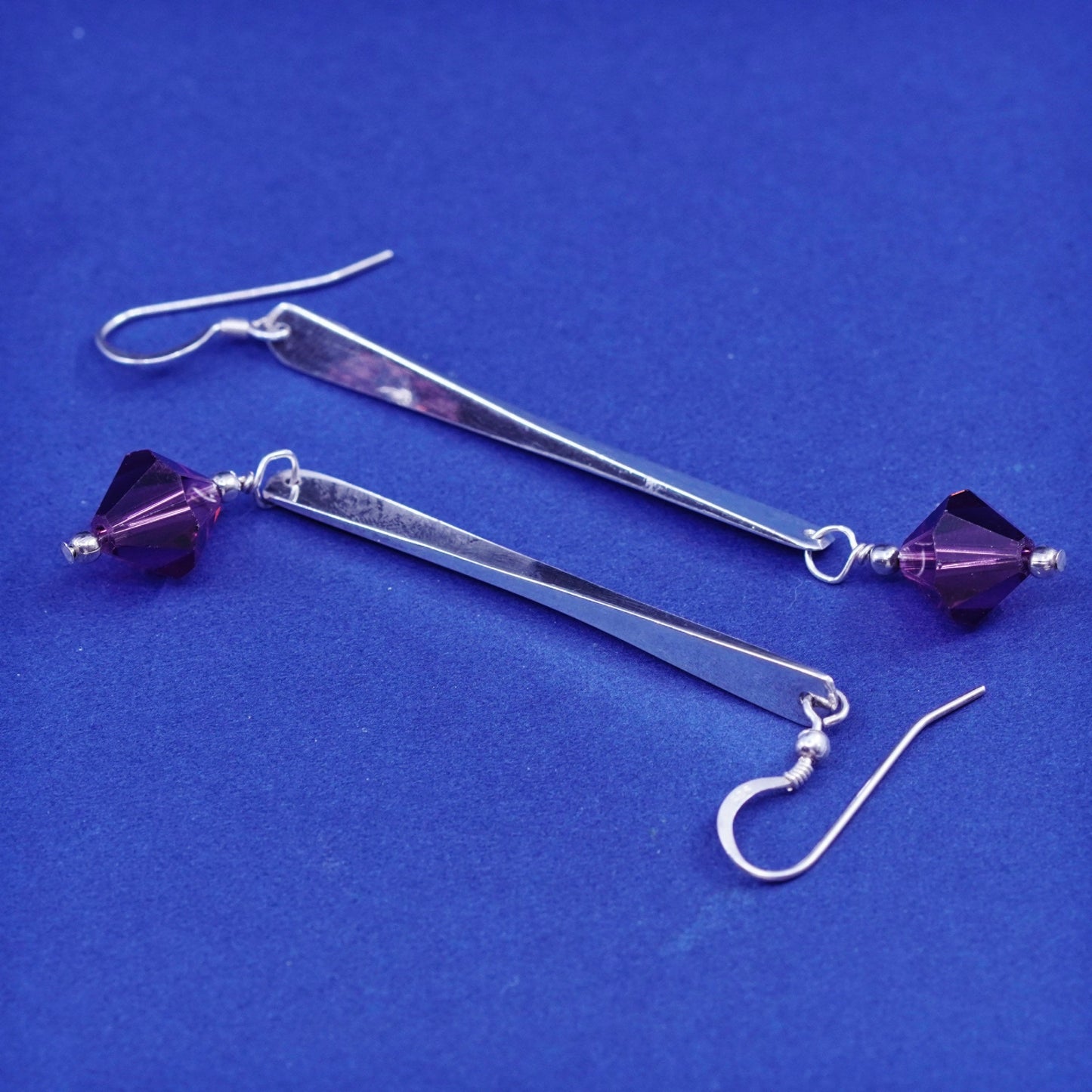 2.5” Vintage Sterling Silver long Earrings. 925 ribbed bar with crystal