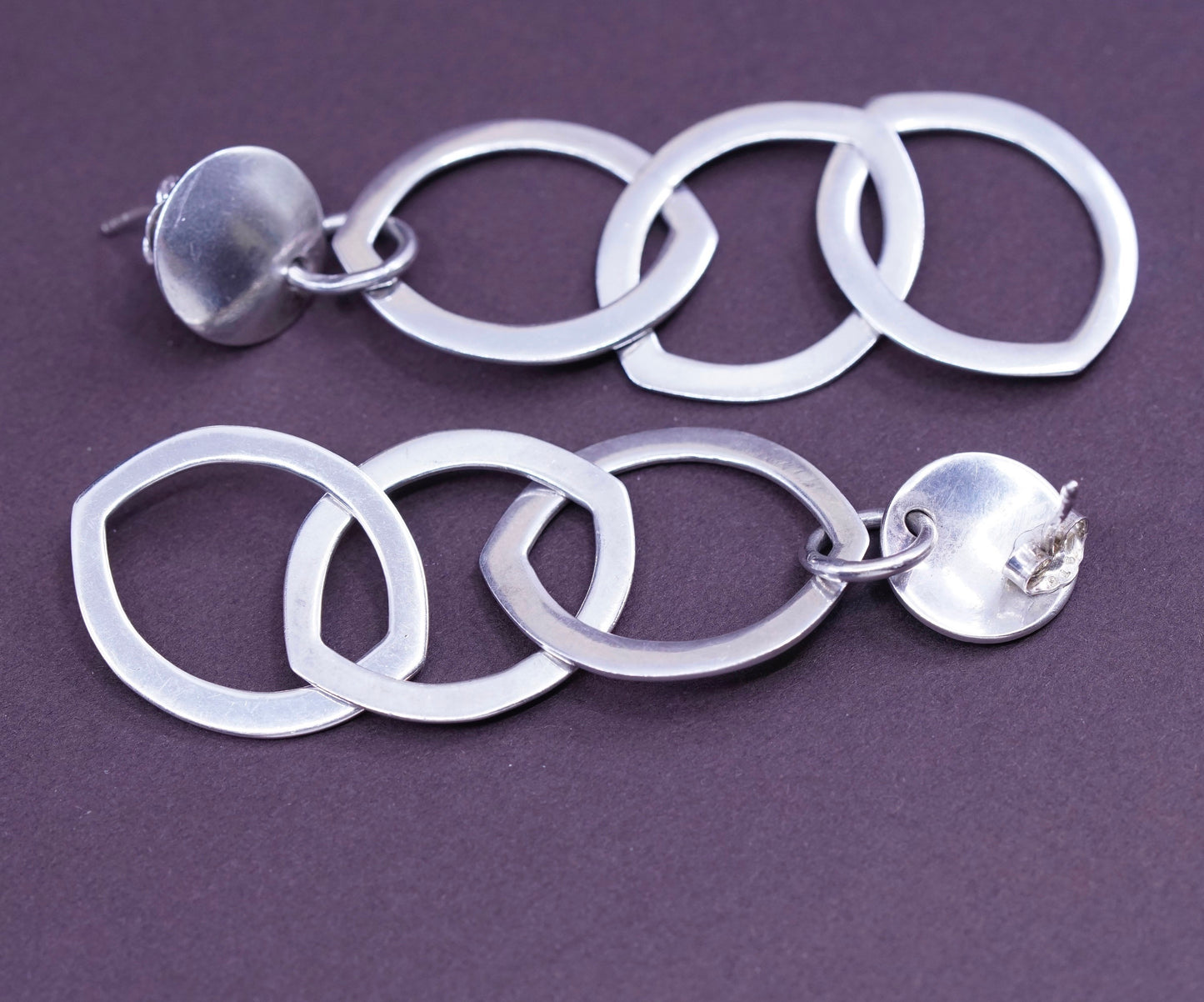 Vintage Sterling silver handmade earrings, Modern 925 flatten entwined circle