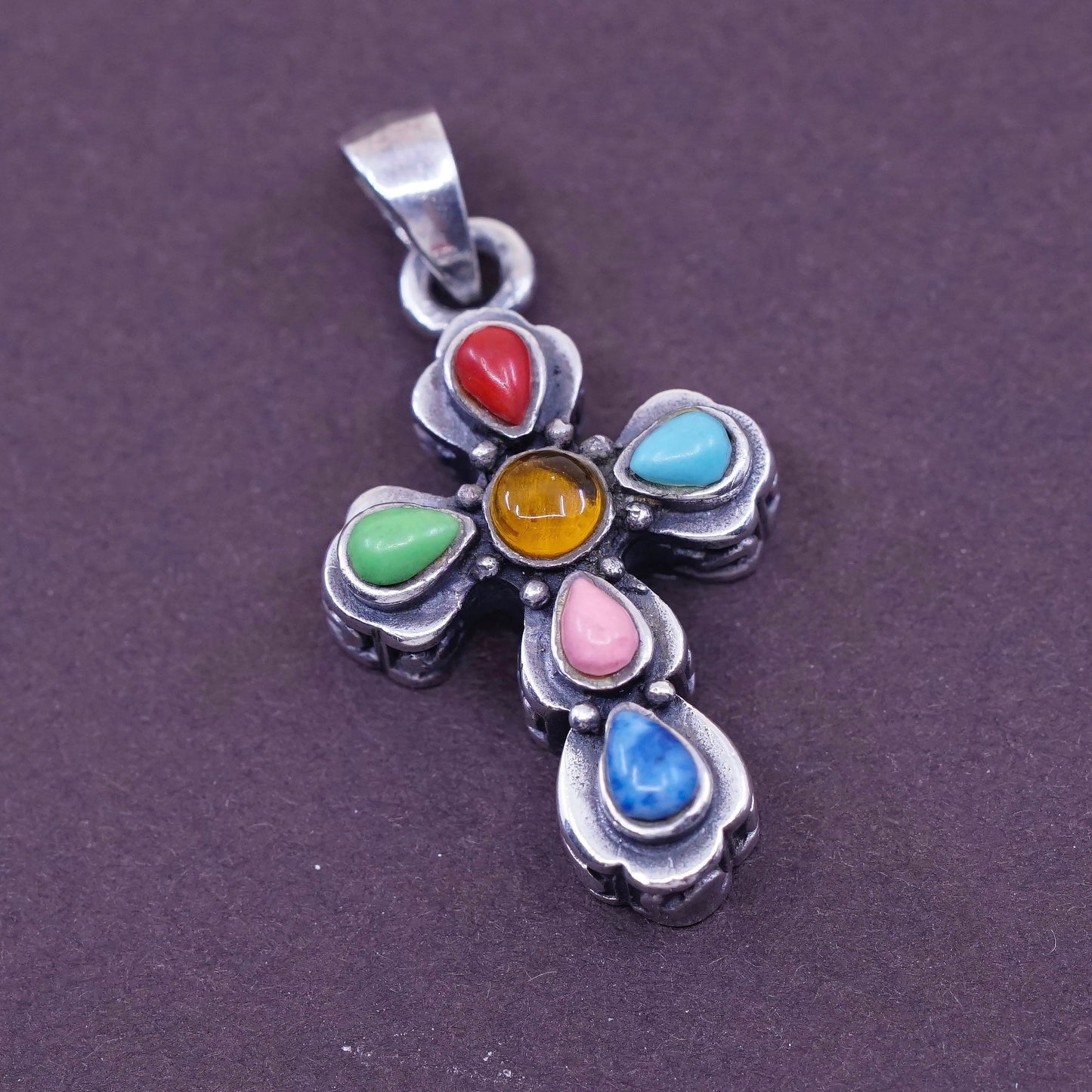 vtg Sterling 925 silver pendant w/ turquoise sodalite N amber cross pendant
