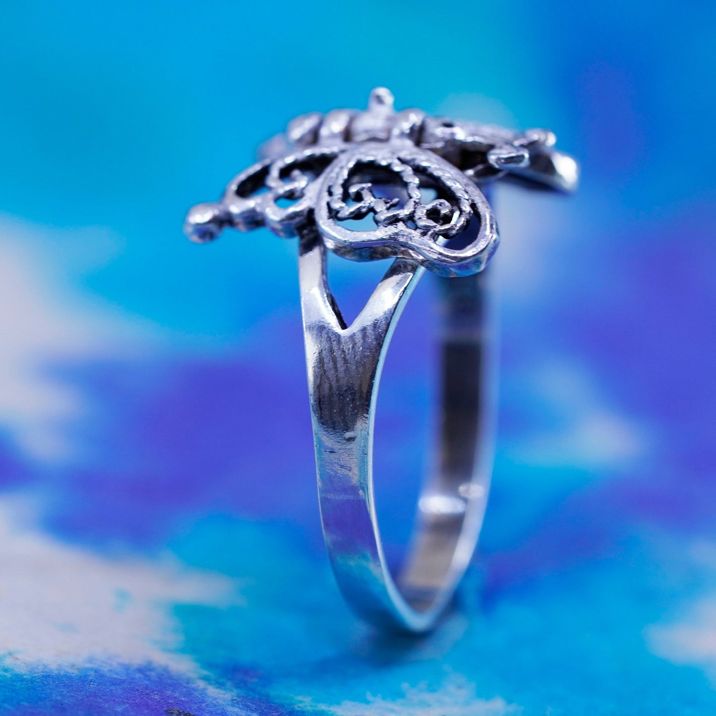 Size 7.5, sterling silver handmade ring, 925 filigree butterfly movable wings