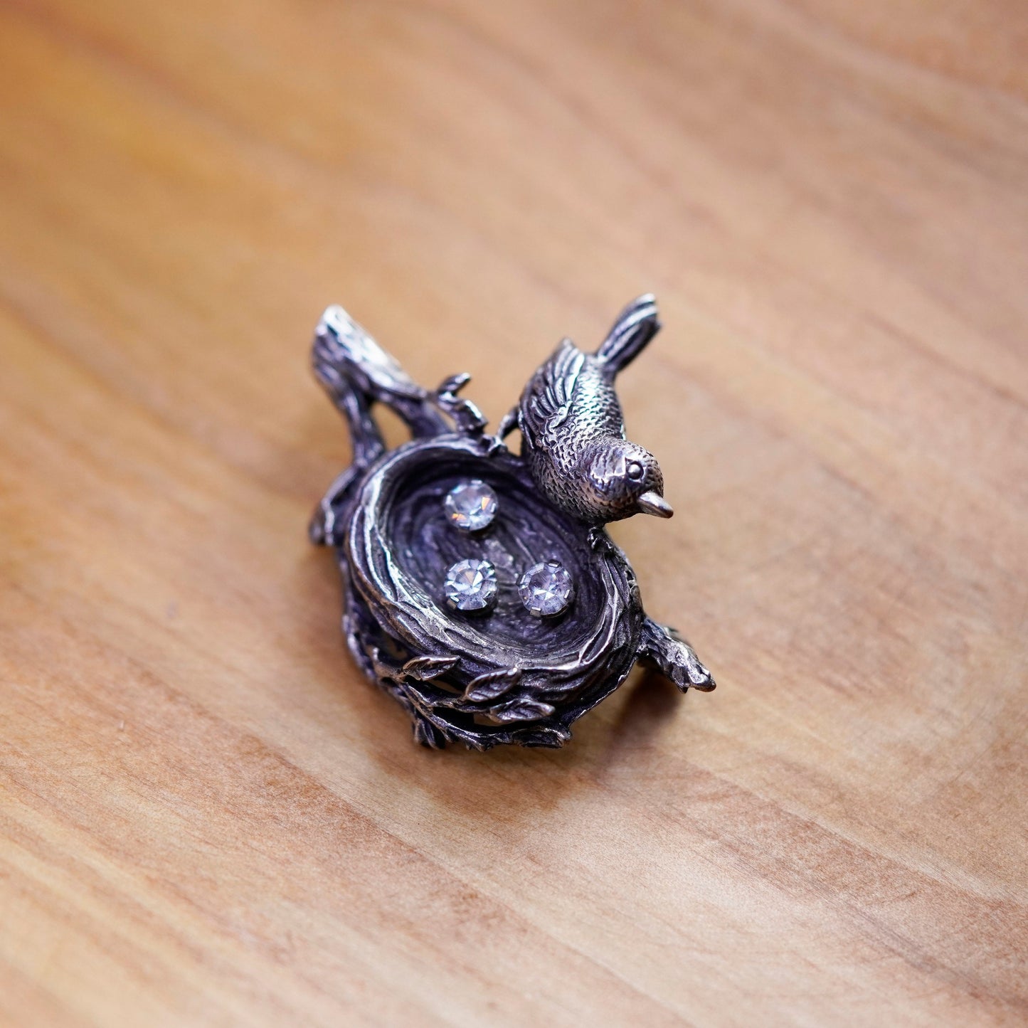Vintage Anson handmade sterling 925 silver bird nest brooch pin with cz