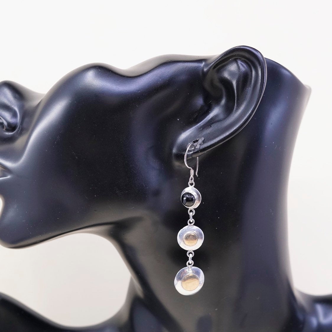 two tone sterling 925 silver handmade disc earrings w/ brass n garnet beads