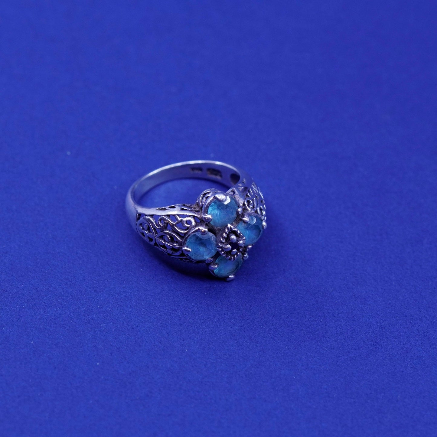 Size 6, vtg Sterling silver engagement ring, 925 filigree band topaz sapphire