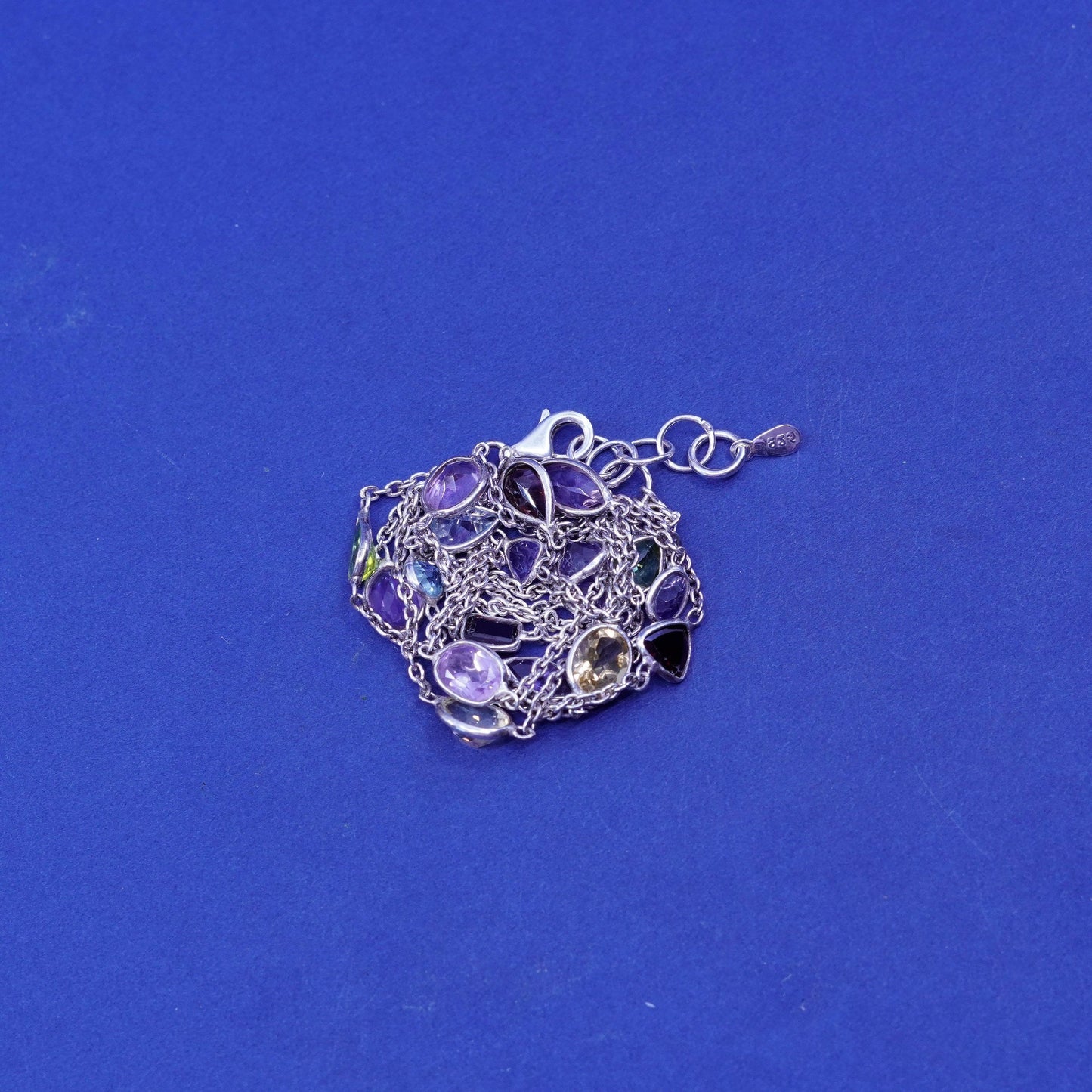 7+1”, vtg Sterling silver bracelet, multi strands 925 circle chain gemstones