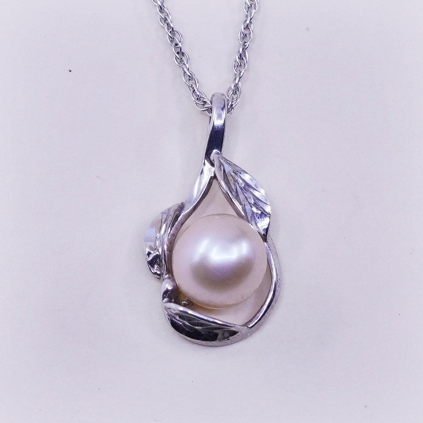 18”, vintage sterling 925 silver Singapore chain necklace pearl leaf pendant