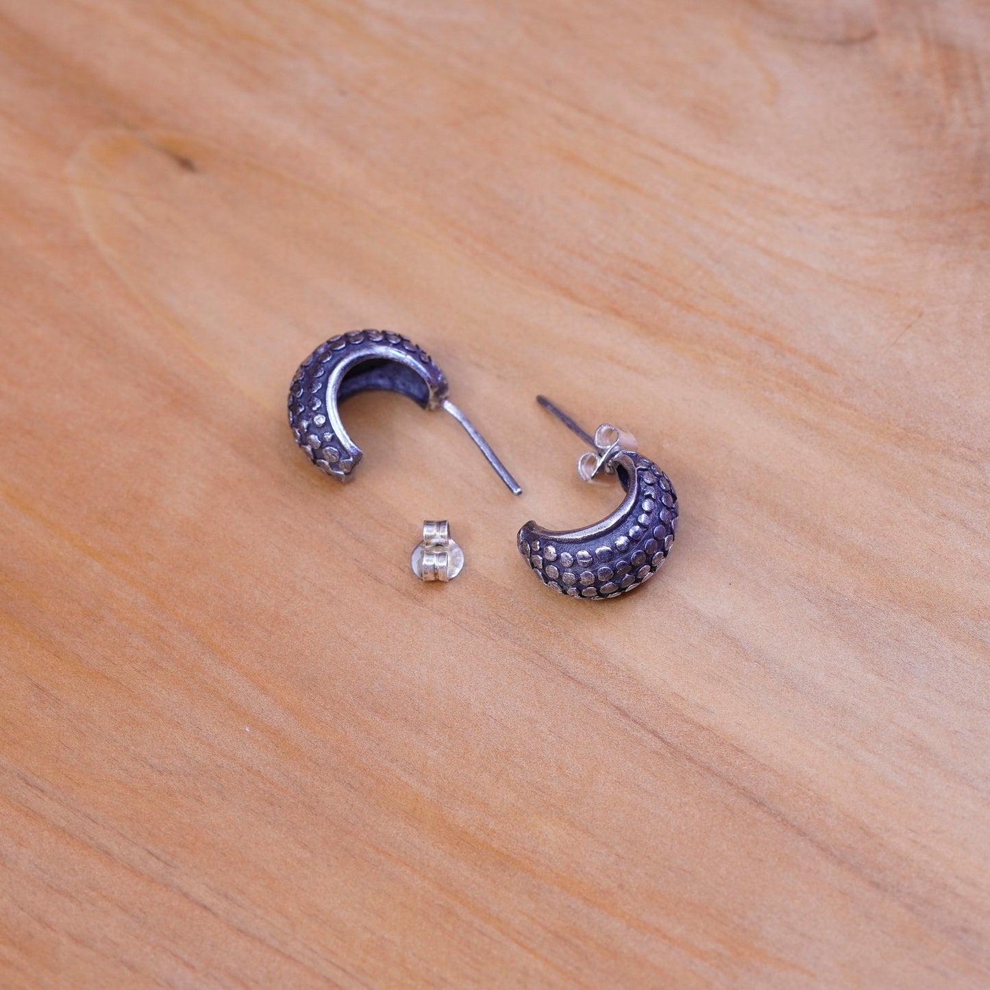 0.5”, vintage Sterling silver handmade earrings, 925 bead textured hoops